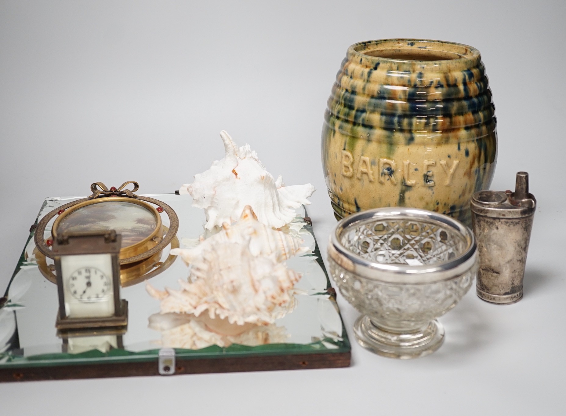 Miscellaneous items including mottled ceramic barley jar, an American miniature timepiece, silver mounted cut glass bowl (9 in total)